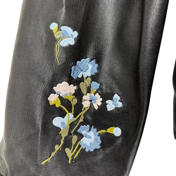 Christopher & Banks Black Faux Leather Jacket Floral Embroidery Snap Zip Large - Picture 7 of 16